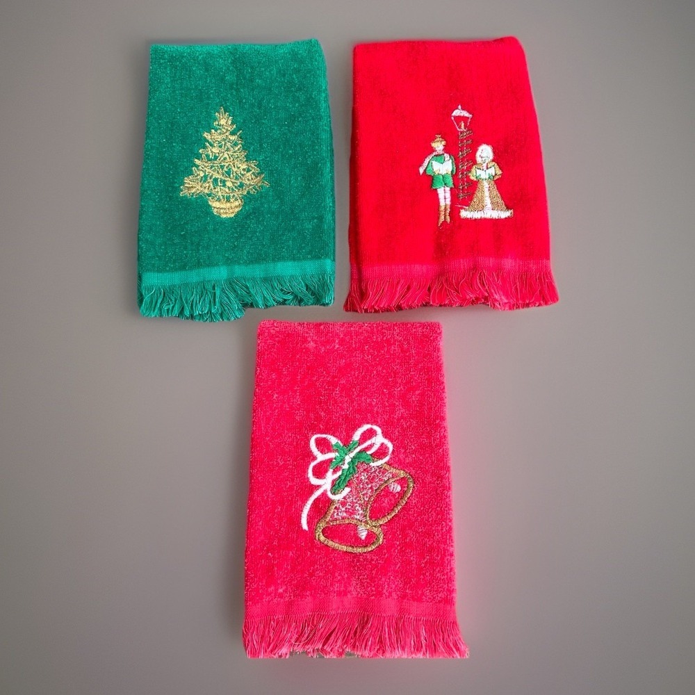 VTG Cannon Green Santa Claus Embroidered Hand Towel Set Of 3 Made In USA